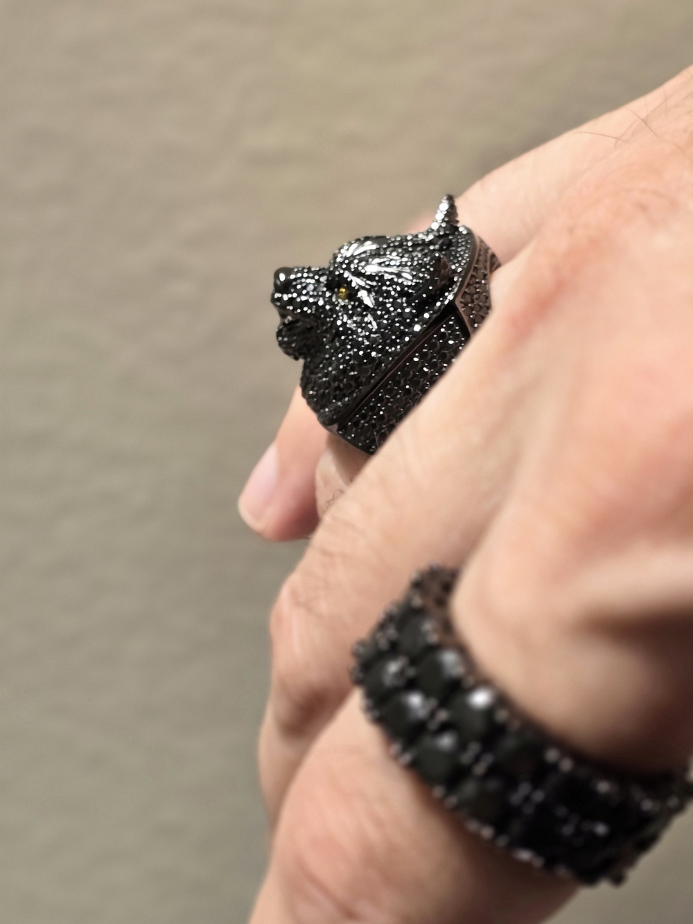 Neve Jewelry Sterling Silver 925 Moissanite Pave Black Wolf Head Luxury Ring - Picture 9 of 9